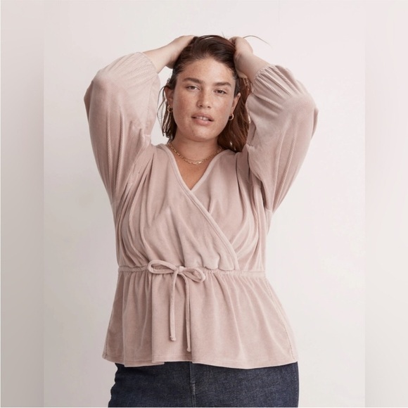 Madewell Sandstone Mauve Pink Soft Corduroy Tie Faux-Wrap Top Size L - Picture 1 of 3
